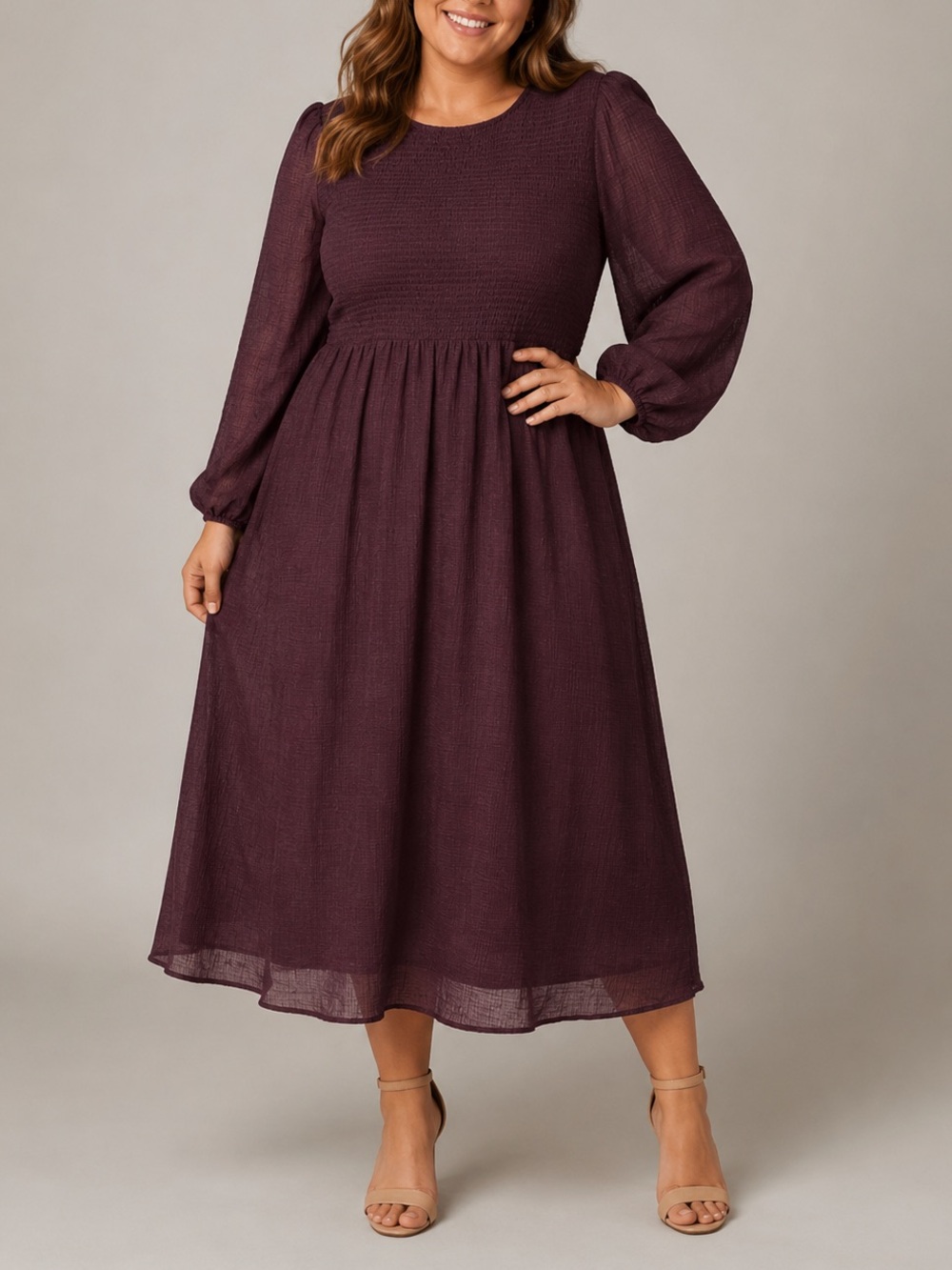 Veiled Collection Bella Shirred Textured Maxi Dress Cocoa Brown Medium NEW NWT